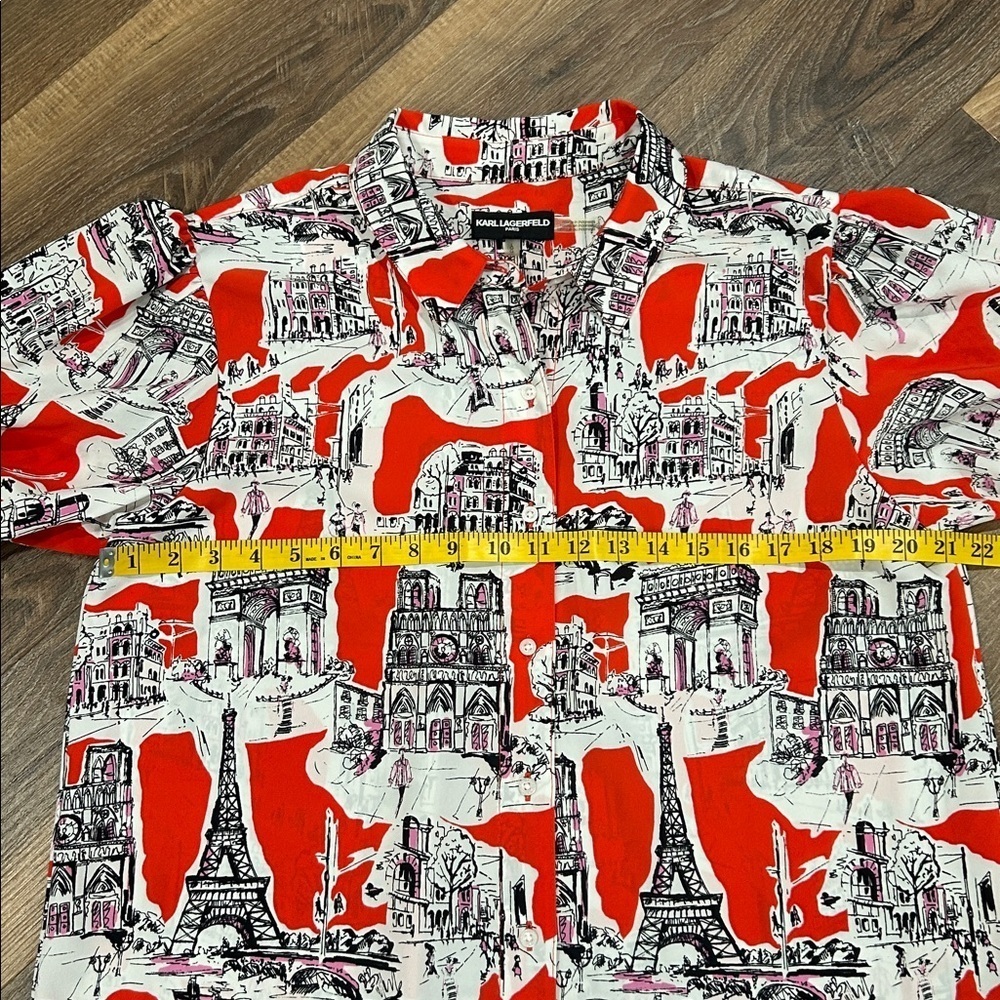 Karl Lagerfeld Women's Printed Bungee-Sleeve Short Shirt size L button Up - Picture 6 of 14